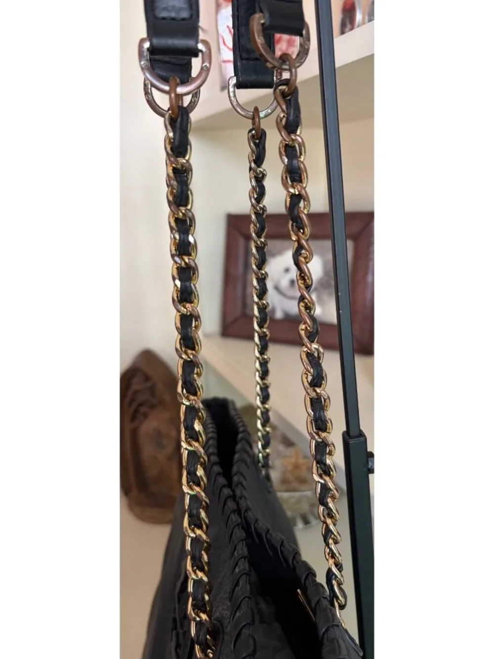 Tory Burch Marion Bag Whipstitch Trim Gold Chain Pebbled Black Shoulder Leather - Picture 4 of 13